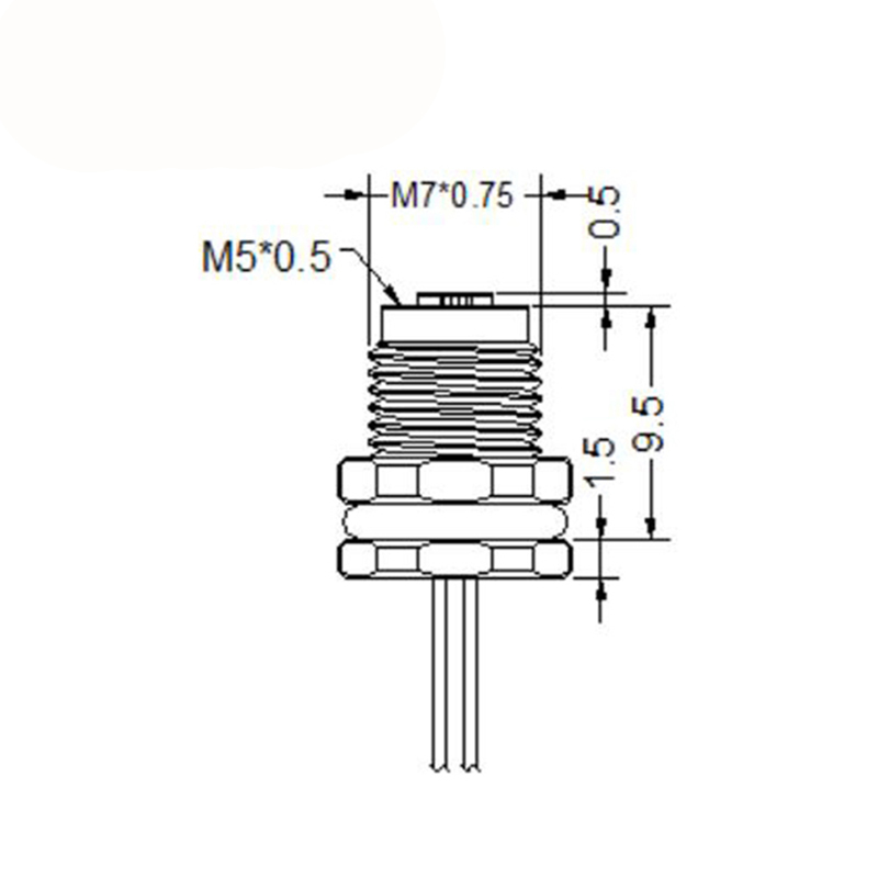 M5 4pins A code female straight front panel mount connector,unshielded,single wires,26AWG 0.14mm²,brass with nickel plated shell